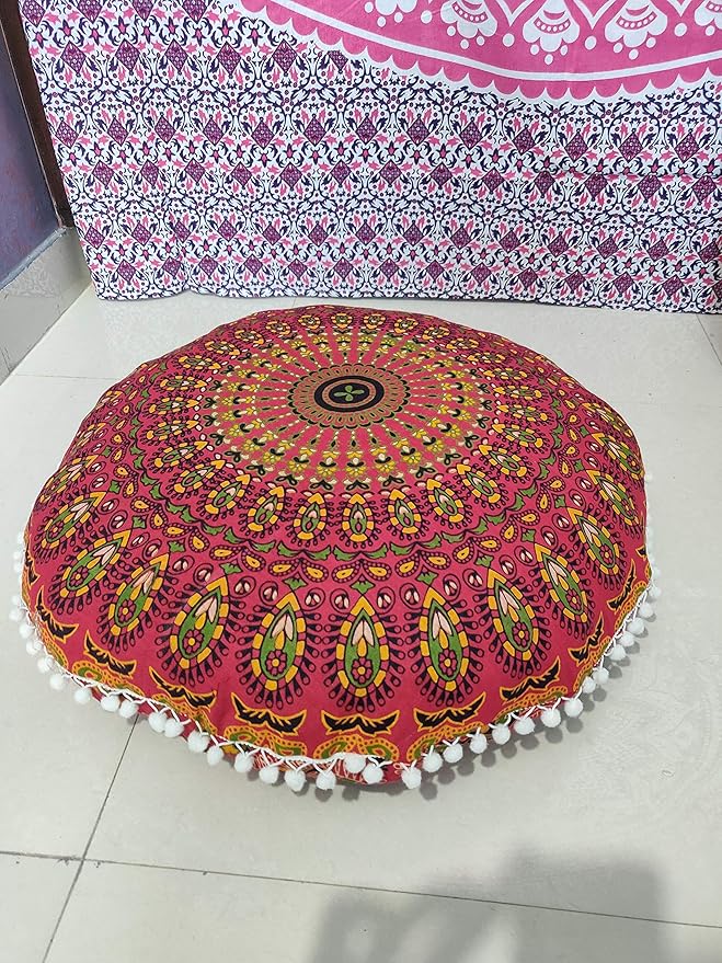 CRAFT KALA Mandala Floor Pillow Cushion Cover Seating Throw Cover Hippie Decorative Bohemian Ottoman Poufs Pom Pom Pillow Cases Boho Indian Cotton Living Room Yoga Home Décor (24" Round, Red Mirchi)