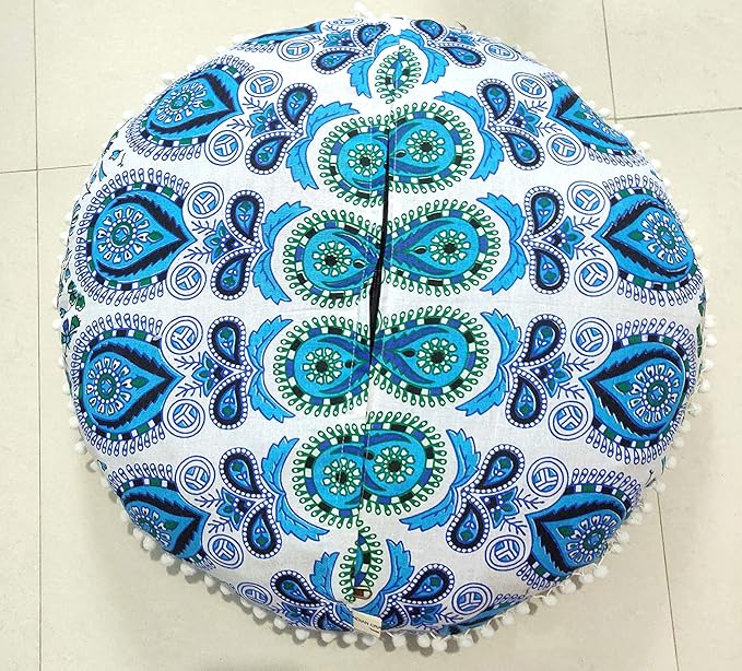 CRAFT KALA Mandala Floor Pillow Cushion Cover Seating Throw Cover Hippie Decorative Bohemian Ottoman Poufs Pom Pom Pillow Cases Boho Indian Cotton Living Room Yoga Home Décor 24" Round Sky Blue Mirchi