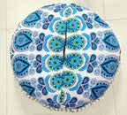 CRAFT KALA Mandala Floor Pillow Cushion Cover Seating Throw Cover Hippie Decorative Bohemian Ottoman Poufs Pom Pom Pillow Cases Boho Indian Cotton Living Room Yoga Home Décor 24" Round Sky Blue Mirchi