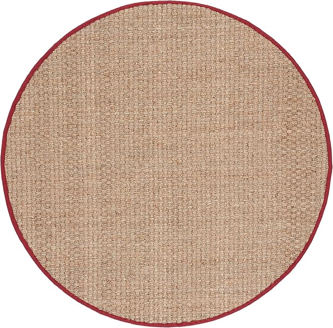 SAFAVIEH Area Rug 6' Round - Natural Fiber Collection - Natural & Red, Seagrass, Basketweave Pattern with Border (NF114D)