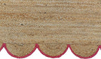 Scalloped Natural Jute Area Rug, Pink Trim, 2'x6'