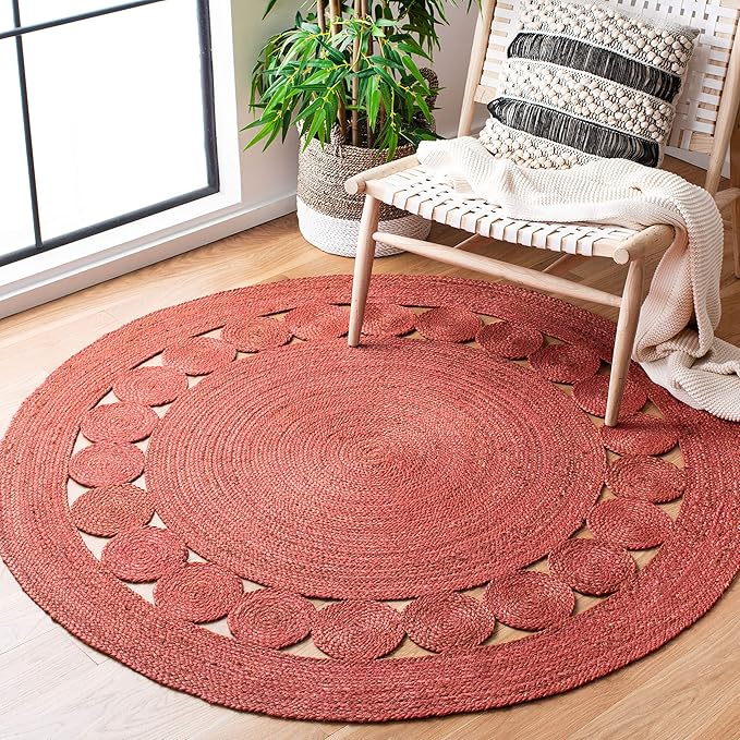 SAFAVIEH Area Rug 3' Round - Natural Fiber Collection - Rust, Handmade Jute, Boho Farmhouse Braided Design (NF364P)