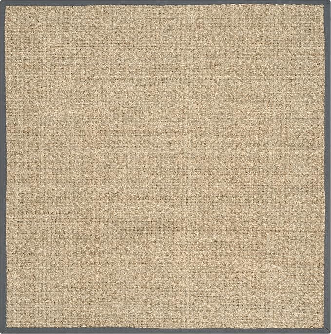 SAFAVIEH Area Rug 6' Square - Natural Fiber Collection - Natural & Dark Grey, Seagrass, Basketweave Pattern with Border (NF114Q)