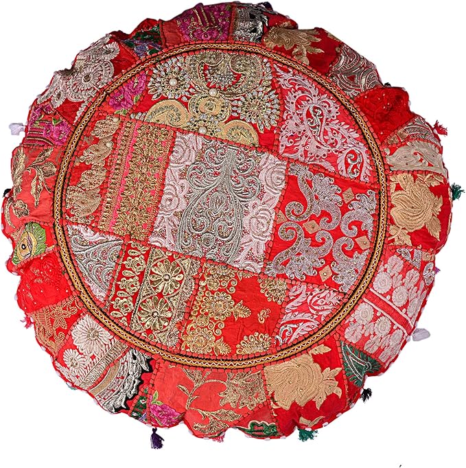 Rajasthani Handmade Colorful Decorative Floor Pillow Cover Meditation Patchwork Patchwork Cushion Seating Accent Boho Chic Indian Handmade Cover ONLY (Red, 32X32 Inches)