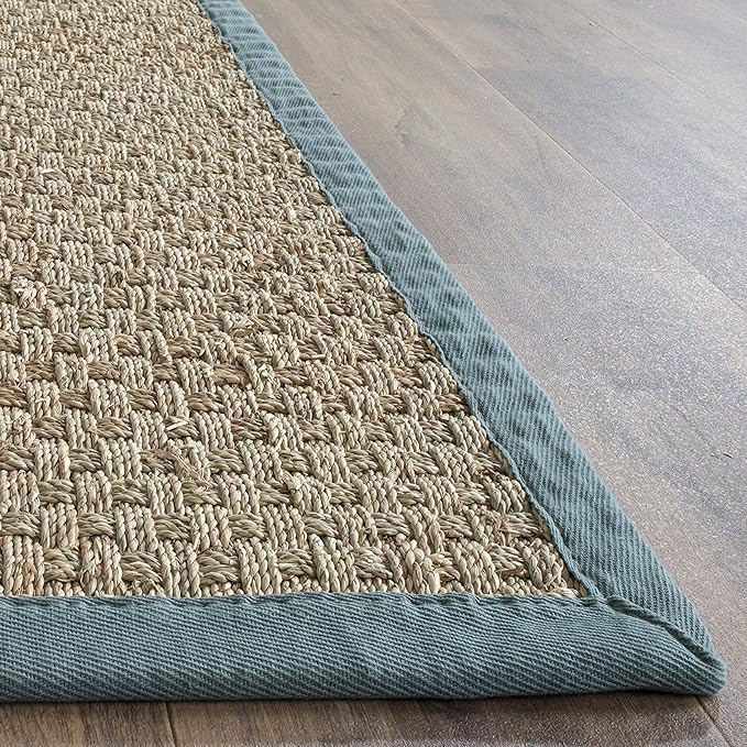 SAFAVIEH Natural Fiber Collection Runner Rug - 2'6" x 16', Natural & Light Blue, Seagrass, Basketweave Pattern with Border (NF114M)
