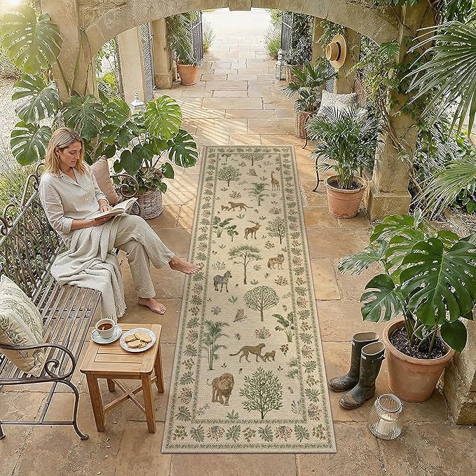 2.6x8 Easy Jute Runner Rug Washable Brown Printed Hallway Outdoor Rug for Patio Lightweight Non Slip No Sheding Carpet Entryway Bathroom Backyard Porch Kitchen