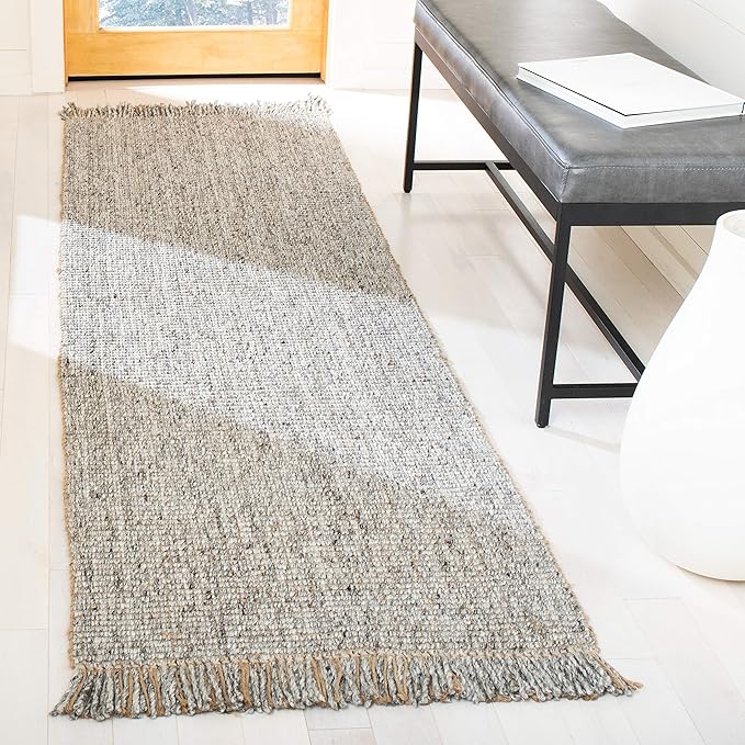 SAFAVIEH Natural Fiber Collection Runner Rug - 2'3" x 18', Grey & Natural, Handmade Woven Fringe Jute, Ideal for High Traffic Areas in Living Room, Bedroom (NF826F)