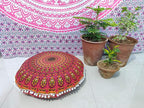 CRAFT KALA Mandala Floor Pillow Cushion Cover Seating Throw Cover Hippie Decorative Bohemian Ottoman Poufs Pom Pom Pillow Cases Boho Indian Cotton Living Room Yoga Home Décor (24" Round, Red Mirchi)