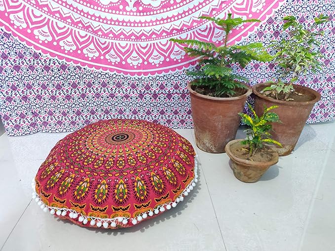 CRAFT KALA Mandala Floor Pillow Cushion Cover Seating Throw Cover Hippie Decorative Bohemian Ottoman Poufs Pom Pom Pillow Cases Boho Indian Cotton Living Room Yoga Home Décor (24" Round, Red Mirchi)