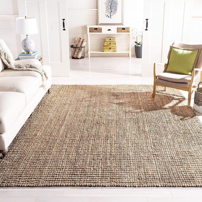 SAFAVIEH Area Rug 8' Square - Natural Fiber Collection - Natural & Grey, Handmade Jute, Farmhouse Style, Chunky Textured Thick Pile (NF447M)