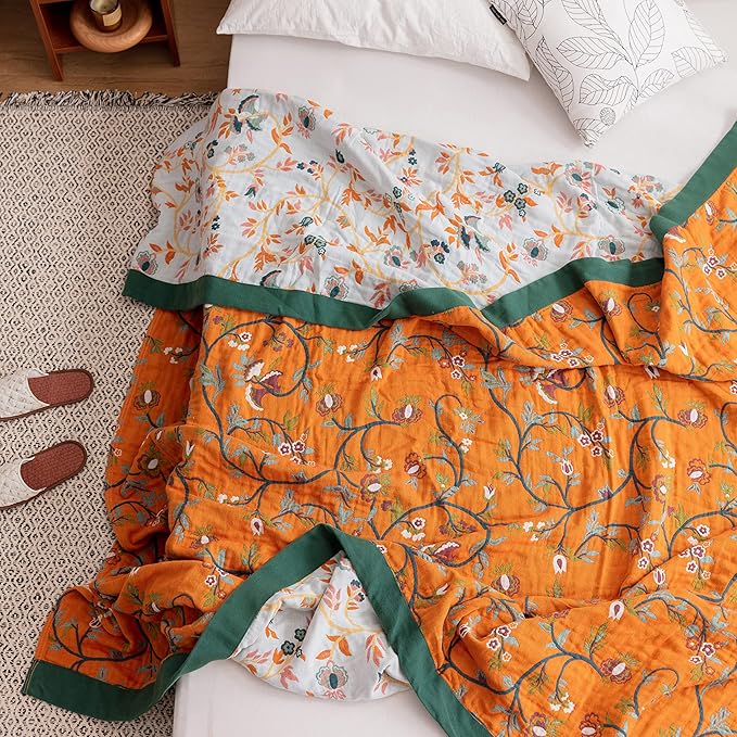 Scientific Sleep Vine Floral Blossom Senior Retro 100% Cotton Muslin Blanket Throw Cover for Bed Couch Sofa Cozy Soft Reversible Bedding Blanket Quilt Bedspread Coverlet Twin 60 in x 80 in