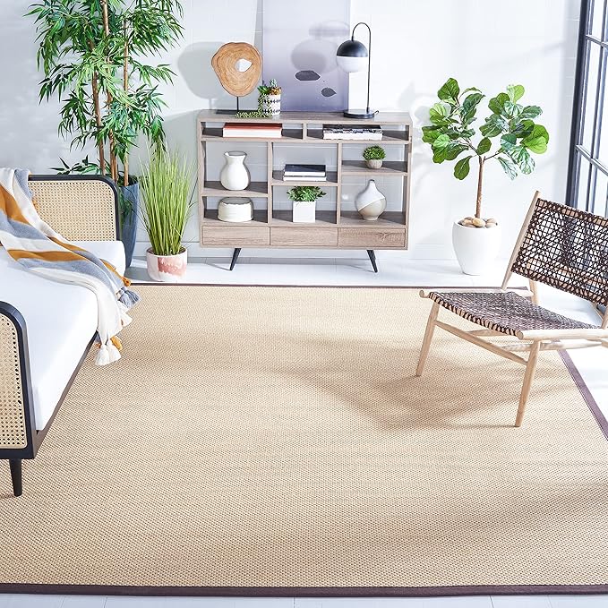 SAFAVIEH Area Rug 8' Square - Natural Fiber Collection - Maize & Brown, Sisal, Woven Design with Border (NF141C)