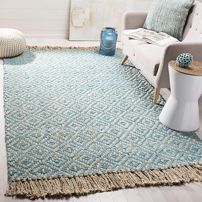 SAFAVIEH Area Rug 8x10 - Natural Fiber Collection - Large - Turquoise & Natural, Handmade Jute, Boho Style, Diamond Pattern, Ideal for Living Room, Bedroom, Dining Space (NF266C)