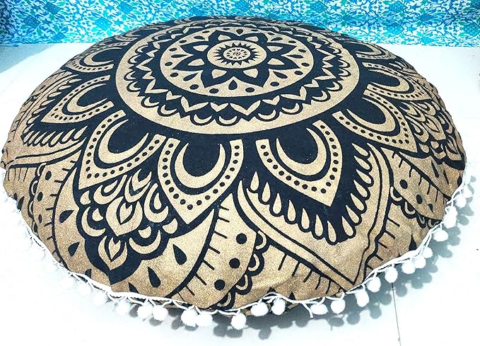 CRAFT KALA Mandala Floor Pillow Cushion Cover Seating Throw Cover Hippie Decorative Bohemian Ottoman Poufs Pom Pom Pillow Cases Boho Indian Cotton Living Room Home Décor 24" Round Black Gold Flower