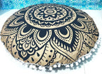 CRAFT KALA Mandala Floor Pillow Cushion Cover Seating Throw Cover Hippie Decorative Bohemian Ottoman Poufs Pom Pom Pillow Cases Boho Indian Cotton Living Room Home Décor 24" Round Black Gold Flower