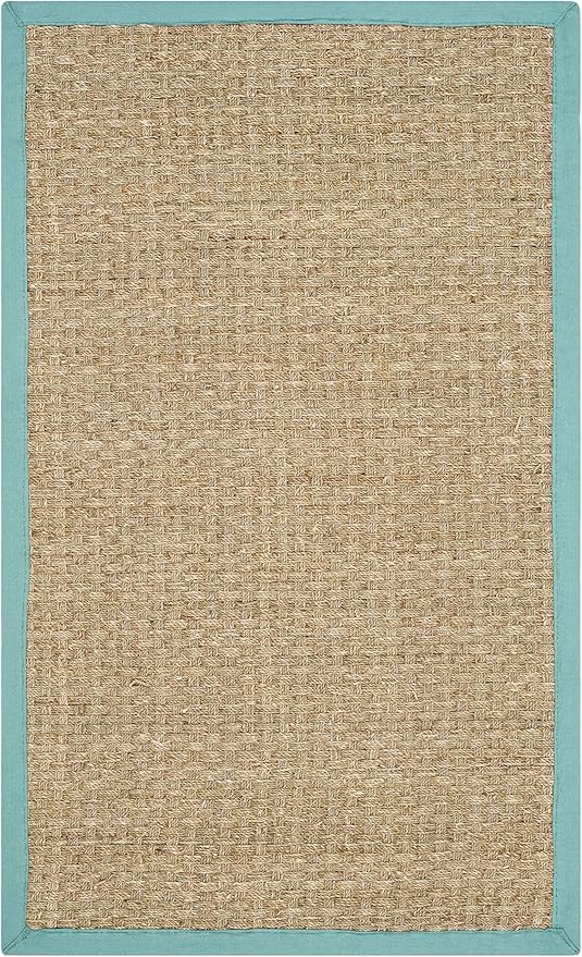SAFAVIEH Natural Fiber Collection Area Rug - 2'3" x 4', Natural & Teal, Seagrass, Basketweave Pattern with Border (NF114R)