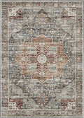 Washable 9ft Round Rug - Vintage Large Non-Slip Circle Rugs for Living Room, Low-Pile Stain Resistant Round Area Rug for Bedroom Dining Room (Grey/Brown/Tan)