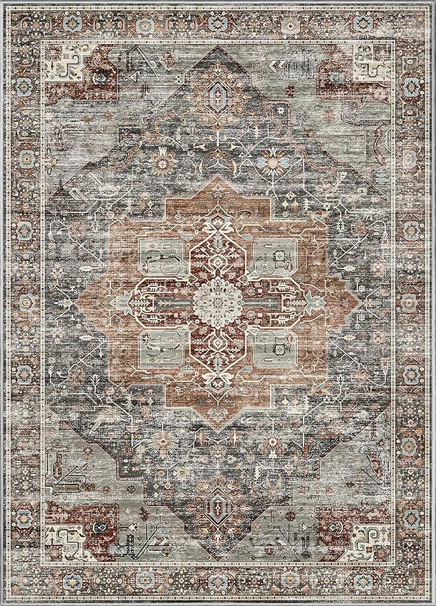 Washable 9ft Round Rug - Vintage Large Non-Slip Circle Rugs for Living Room, Low-Pile Stain Resistant Round Area Rug for Bedroom Dining Room (Grey/Brown/Tan)