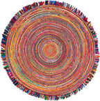 SAFAVIEH Cape Cod Collection Area Rug - 8' Round, Ivory & Red, Handmade Boho Fringe Jute & Cotton, Ideal for High Traffic Areas in Living Room, Bedroom (CAP206A)