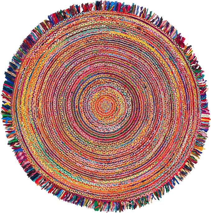 SAFAVIEH Cape Cod Collection Area Rug - 10' Round, Ivory & Red, Handmade Boho Fringe Jute & Cotton, Ideal for High Traffic Areas in Living Room, Bedroom (CAP206A)
