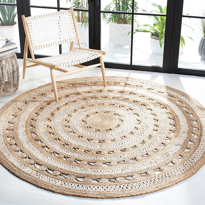 SAFAVIEH Natural Fiber Collection Area Rug - 5' Round, Ivory & Natural, Handmade Boho Charm Farmhouse Jute, Ideal for High Traffic Areas in Living Room, Bedroom (NF169B)