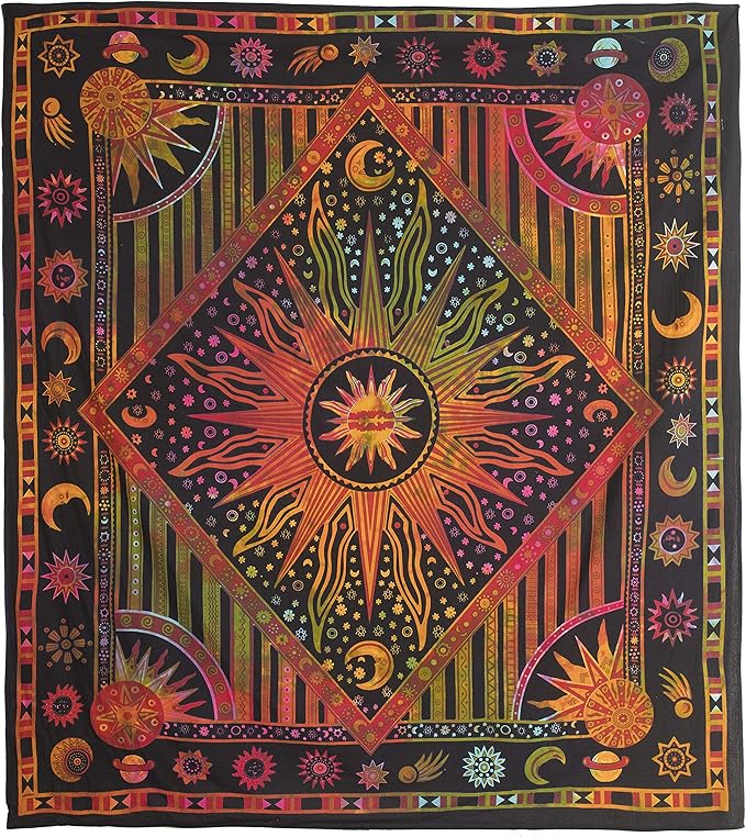 Popular Handicrafts Wall Hanging Tapestry For Bedroom Burning Hippie Sun and Moon Meditation Bohemian Hippy Psychedelic Design Indian Tapestries Bedspread 84 x 90 Inches (215cm x 230cm) Rose