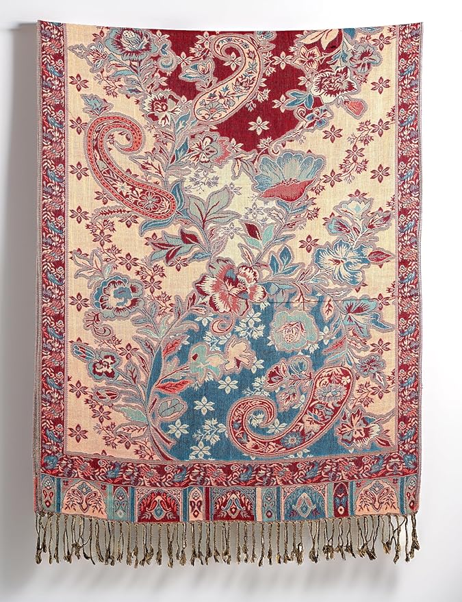Achillea Reversible Paisley Pashmina Rave Scarf – Exotic Indian Shawls and Wraps for Evening Dresses, Festivals, All Seasons