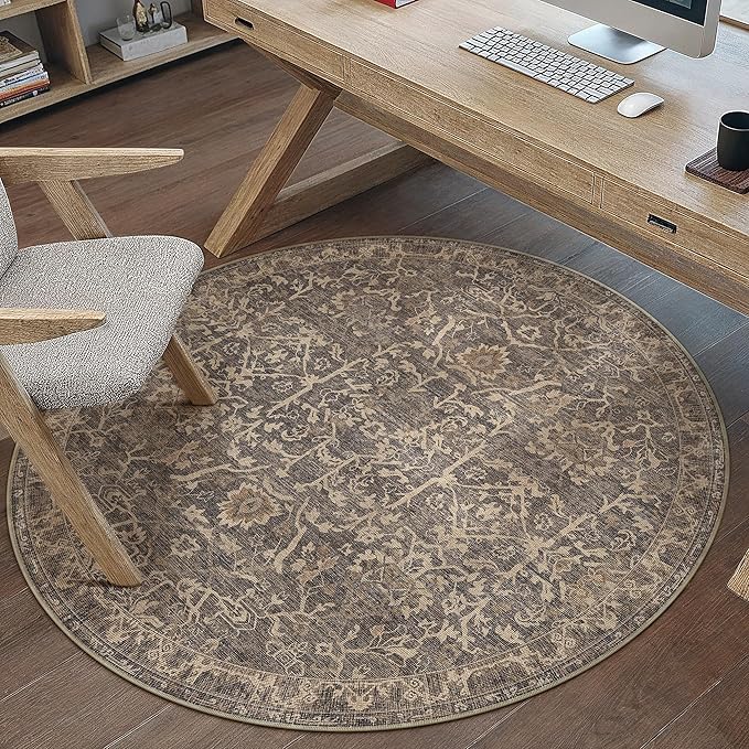 HUGEAR Round Rug 5ft Entryway Rugs Machine Washable Retro Brown Hallway Area Rug 5x5 Small Circle Vintage Rug Floral Low Pile Carpet Soft Throw Rug Living Room Office Laundry Room Entrance Non Slip
