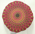 INDIAN CRAFT CASTLE 24" Red Peacock Mandala Barmeri Large Floor Pillow Cover Cushion Meditation Seating Ottoman Throw Cover Hippie Decorative Zipped Bohemian Pouf Ottoman Pom Pom Cases 24" Round