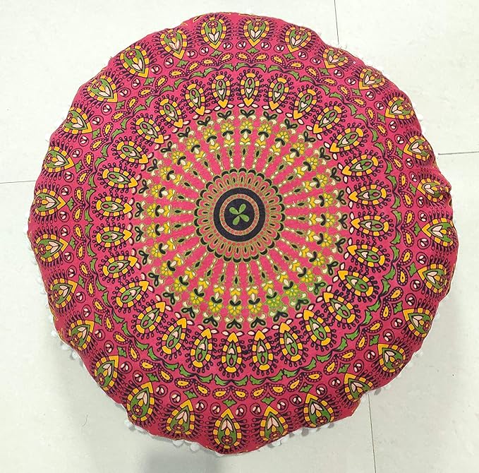 INDIAN CRAFT CASTLE 24" Red Peacock Mandala Barmeri Large Floor Pillow Cover Cushion Meditation Seating Ottoman Throw Cover Hippie Decorative Zipped Bohemian Pouf Ottoman Pom Pom Cases 24" Round