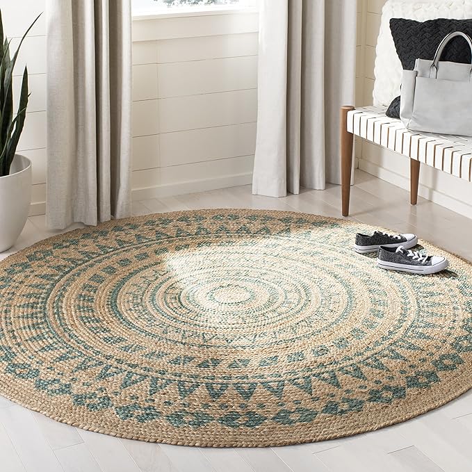 SAFAVIEH Natural Fiber Collection Area Rug - 8' Round, Aqua & Natural, Handmade Boho Mandala Braided Jute, Ideal for High Traffic Areas in Living Room, Bedroom (NF802A)