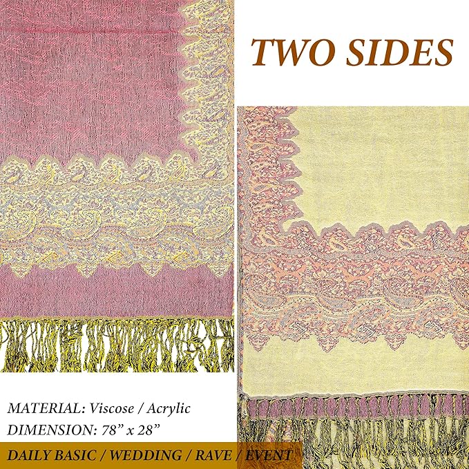 Achillea Reversible Paisley Pashmina Rave Scarf – Exotic Indian Shawls and Wraps for Evening Dresses, Festivals, All Seasons