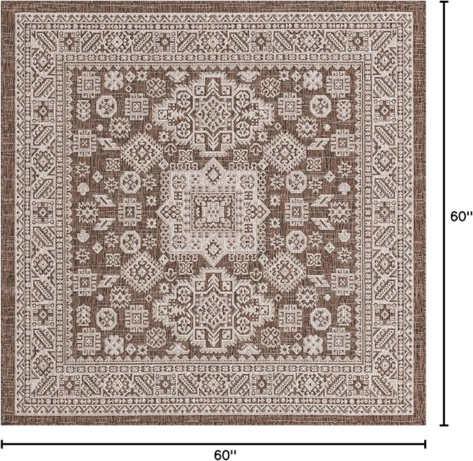Rugs.com Outdoor Aztec Collection Rug – 5 Ft Square Brown Flatweave Rug Perfect for Living Rooms, Kitchens, Entryways