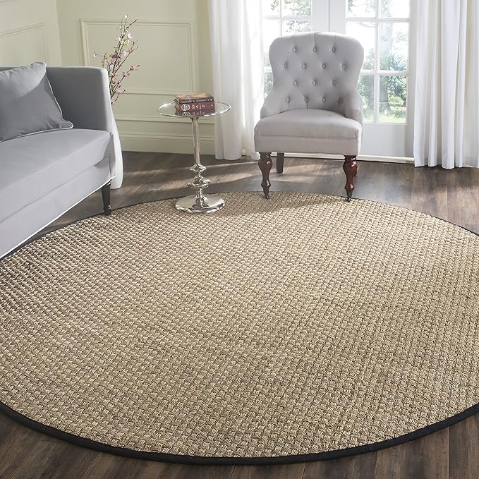 SAFAVIEH Area Rug 6' Round - Natural Fiber Collection - Natural & Black, Seagrass, Basketweave Pattern with Border (NF114C)