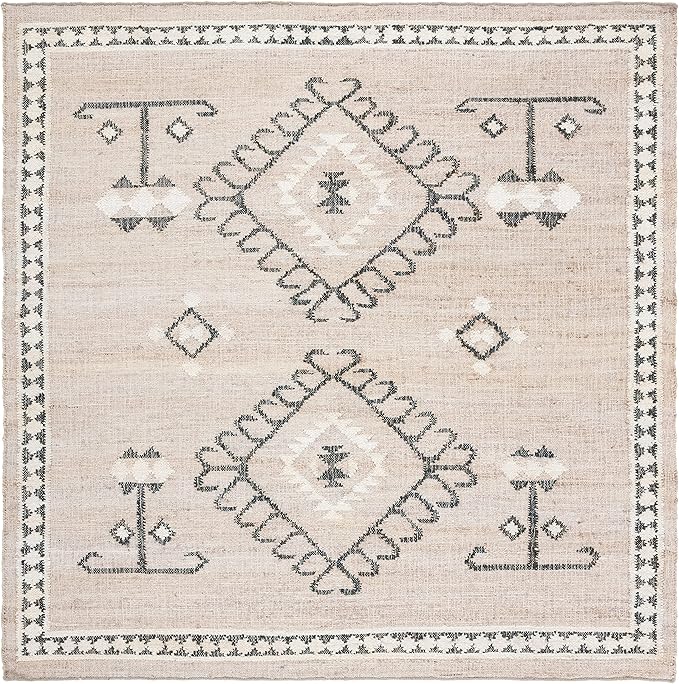 SAFAVIEH Kilim Collection Area Rug - 7' Square, Grey & Black, Handmade Flat Weave Jute, Ideal for High Traffic Areas in Living Room, Bedroom (KLM762F)