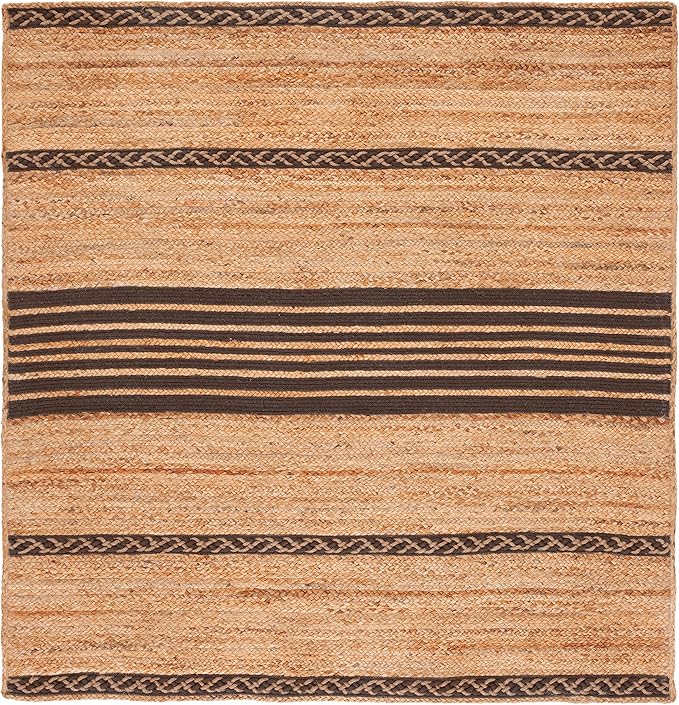 SAFAVIEH Natural Fiber Collection Area Rug - 6' Square, Natural & Brown, Handmade Stripe Boho Farmhouse Rustic Braided Jute, Ideal for High Traffic Areas in Living Room, Bedroom (NFB262T)