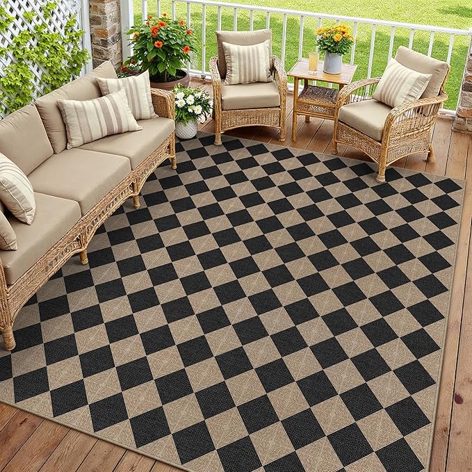 8x10 Checkered Easy Jute Area Rug for Living Room Large Checkerboard Washable Indoor Outdoor Carpet Farmhouse Patio Office Mat Textured Diamond Non Slip Black Carpet for Backyard Dining Room