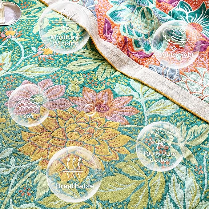 Boho Throw Blanket for Couch Sofa Chair Spring Cotton Blankets for Bedroom Living Room All Season Lightweight Reversible Floral Embroidery Throws 50"x60"