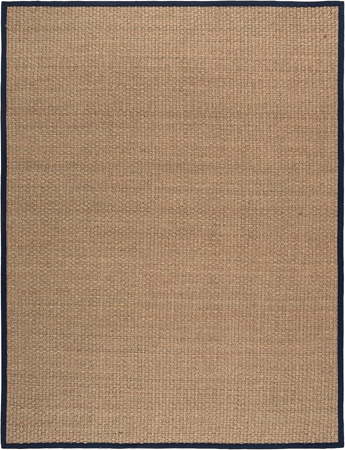 SAFAVIEH Area Rug 9x12 - Natural Fiber Collection - Large - Natural & Blue, Seagrass, Basketweave Pattern with Border (NF114E)