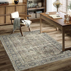 Vintage Area Rug 3x5 Brown Entryway Office Washable Carpet Non Slip Bedroom Indoor Living Room Door Mat Low Pile Traditional Distressed Retro Accent Rug for Dining Room Bathroom Kitchen