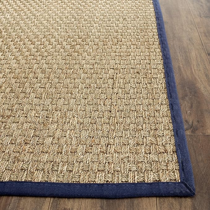 SAFAVIEH Area Rug 8' Square - Natural Fiber Collection - Large - Natural & Blue, Seagrass, Basketweave Pattern with Border (NF114E)