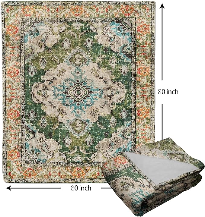 Vintage Rug Blanket Soft Flannel Lightweight Green Orange Retro Carpet Aesthetic Throw Blanket Cozy Warm Blankets All Seasons Living Room Decor for Kids Adults Use On Couch Bed Office 60x80 inch