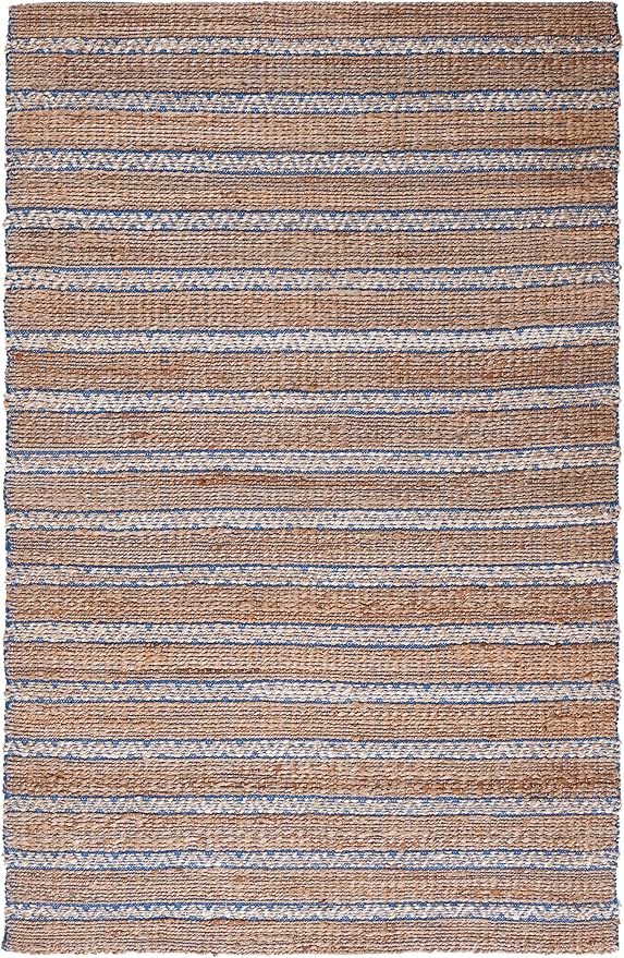 SAFAVIEH Natural Fiber Collection Area Rug - 5' x 8', Blue & Natural, Handmade Flat Weave Stripe Jute & Cotton Jute, Ideal for High Traffic Areas in Living Room, Bedroom (NFB655M)