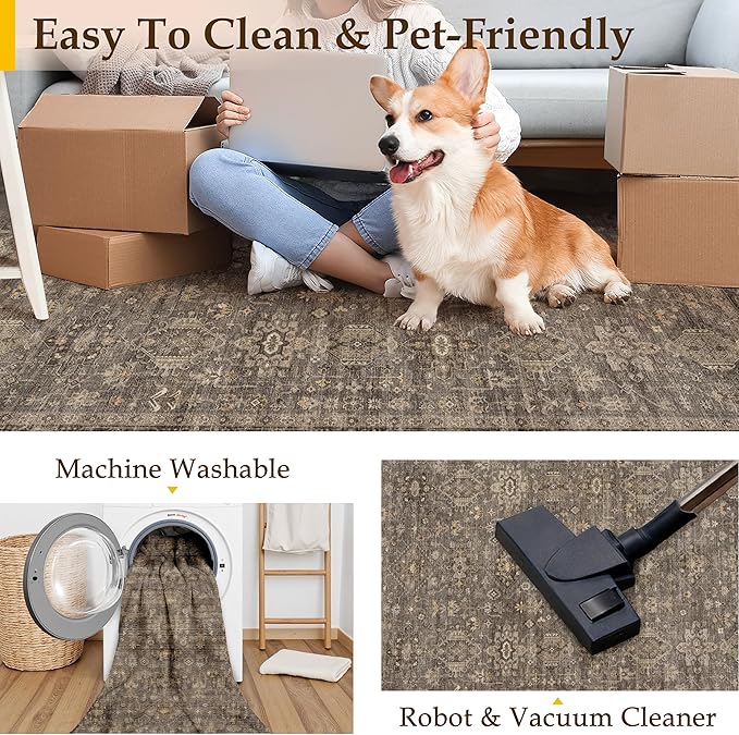 2x5 Washable Runner Rug for Hallway Kitchen Vintage Brown Non Slip Low Pile Carpet Traditional Retro Soft Throw Rug for Bathroom Bedroom Entryway Indoor Entrance