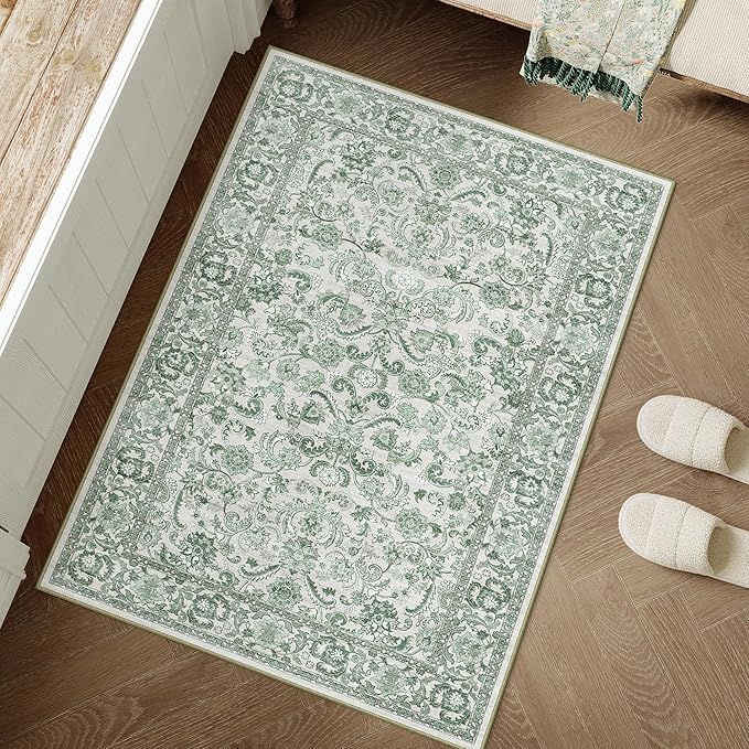 HUGEAR 2x3 Entryway Area Rug Green Small Rug Machine Washable Door Mat Neutral Vintage Floral Low Pile Carpet Distressed Throw Rug Entrance Kitchen Bathroom Bedroom Office Non Slip Soft Lightweight