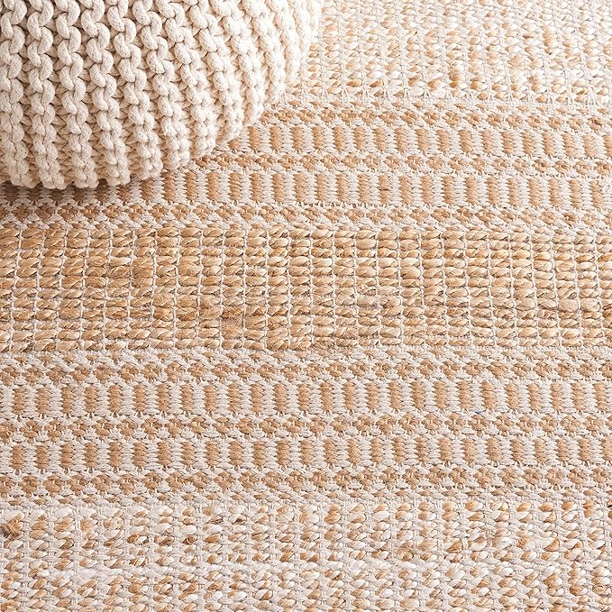 SAFAVIEH Natural Fiber Collection Area Rug - 6'6" Square, Ivory & Natural, Handmade Flat Weave Stripe Jute & Cotton, Ideal for High Traffic Areas in Living Room, Bedroom (NFB652A)