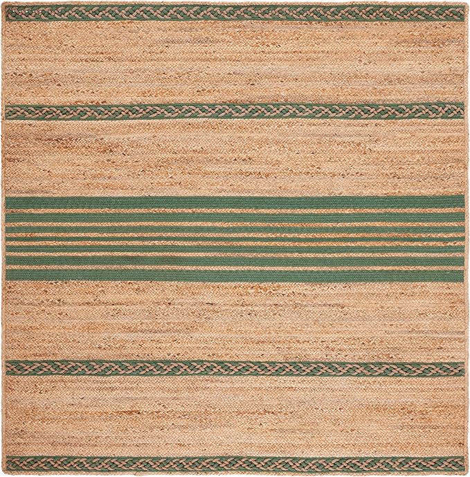 SAFAVIEH Natural Fiber Collection Area Rug - 6' Square, Natural & Green, Handmade Stripe Boho Farmhouse Rustic Braided Jute, Ideal for High Traffic Areas in Living Room, Bedroom (NFB262Y)
