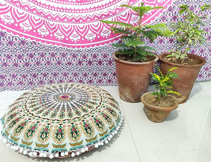 INDIAN CRAFT CASTLE 24" Musturd Peacock Mandala Barmeri Large Floor Pillow Cover Cushion Meditation Seating Ottoman Throw Cover Hippie Decorative Zipped Bohemian Pouf Ottoman Pom Pom Cases 24" Round