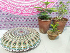 INDIAN CRAFT CASTLE 24" Musturd Peacock Mandala Barmeri Large Floor Pillow Cover Cushion Meditation Seating Ottoman Throw Cover Hippie Decorative Zipped Bohemian Pouf Ottoman Pom Pom Cases 24" Round