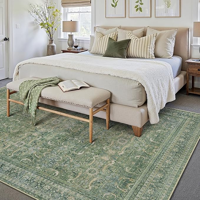 HUGEAR Area Rug 5x7 Vintage Green Machine Washable Living Room Rugs Distressed Retro Floral Vacuumable Low Pile Carpet Bedroom Office Dining Room Laundry Room Non Slip Soft Lightweight